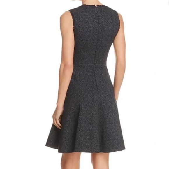 Rebecca Taylor | Blue Black Jacquard Rose Stretch Fit & Flare Work Dress - Picture 3 of 8
